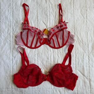 Squish x Playful Promises Bra Lot Pink Red Lace Cherry Coquette 34C 34DD